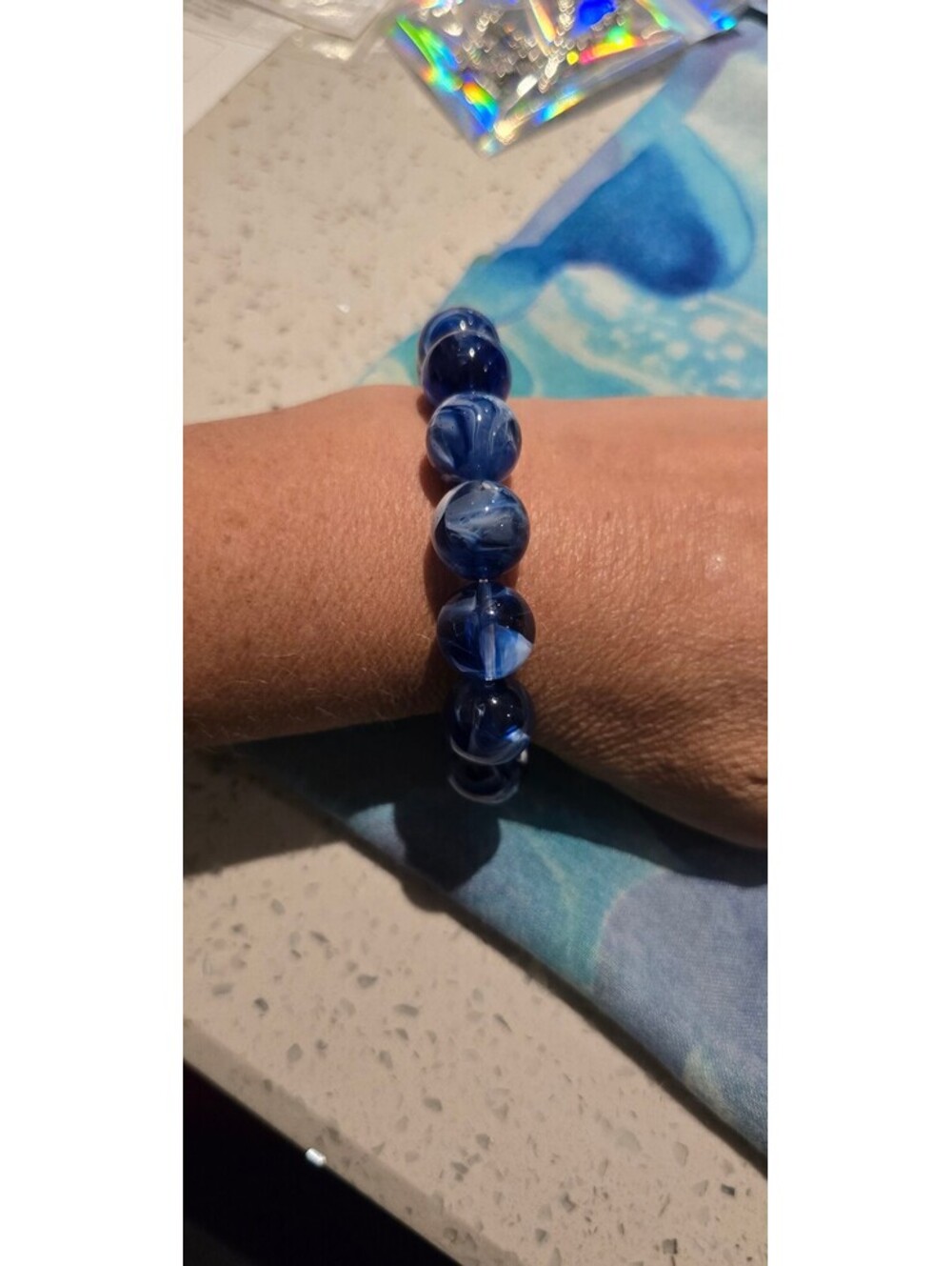 Blue and White Marble Beaded Stretch Bracelet